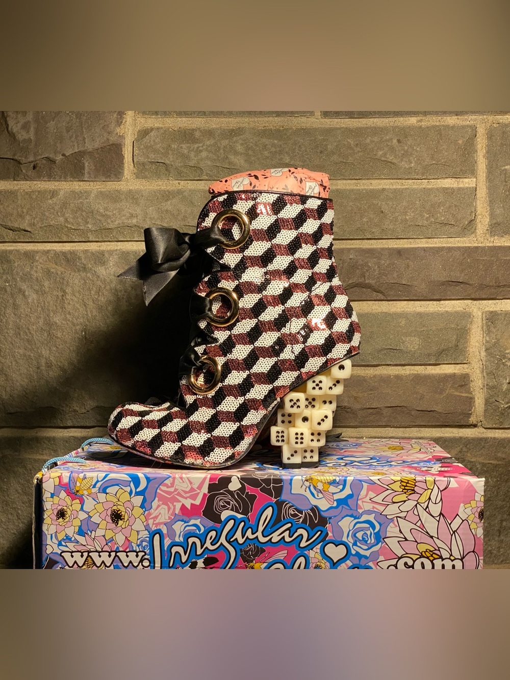 Irregular Choice JOKER POKER lace up bootie,harlequin sequin,stacked dice heels